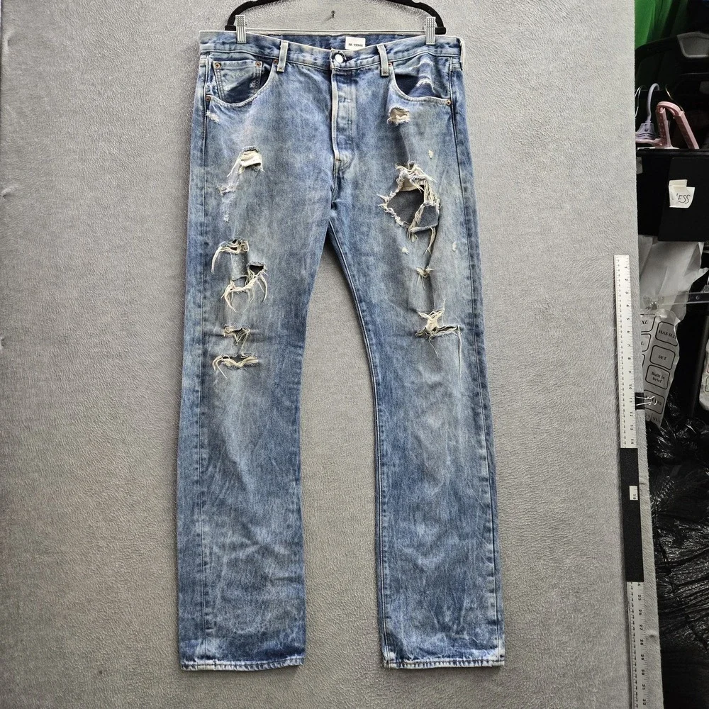 Levi's 501 Men Jeans 38X34 Light Blue Denim Original Fit Straight Leg Distressed